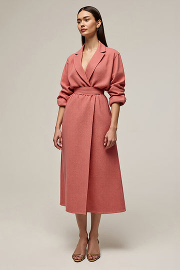 Coral A Line Notched Lapel Tea Length Work Dress with Sleeves